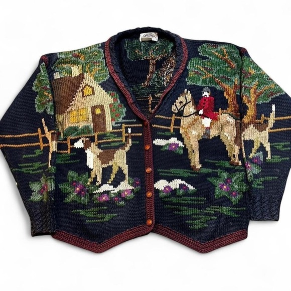 Vintage Traditional Trading Sweater Medium Hand Knit Horse Cottage cardigan READ